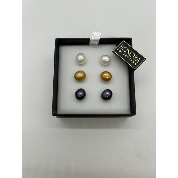 Honora Collection Freshwater Potato Pearl Stud Earrings Set in White Gold Black - Picture 1 of 16